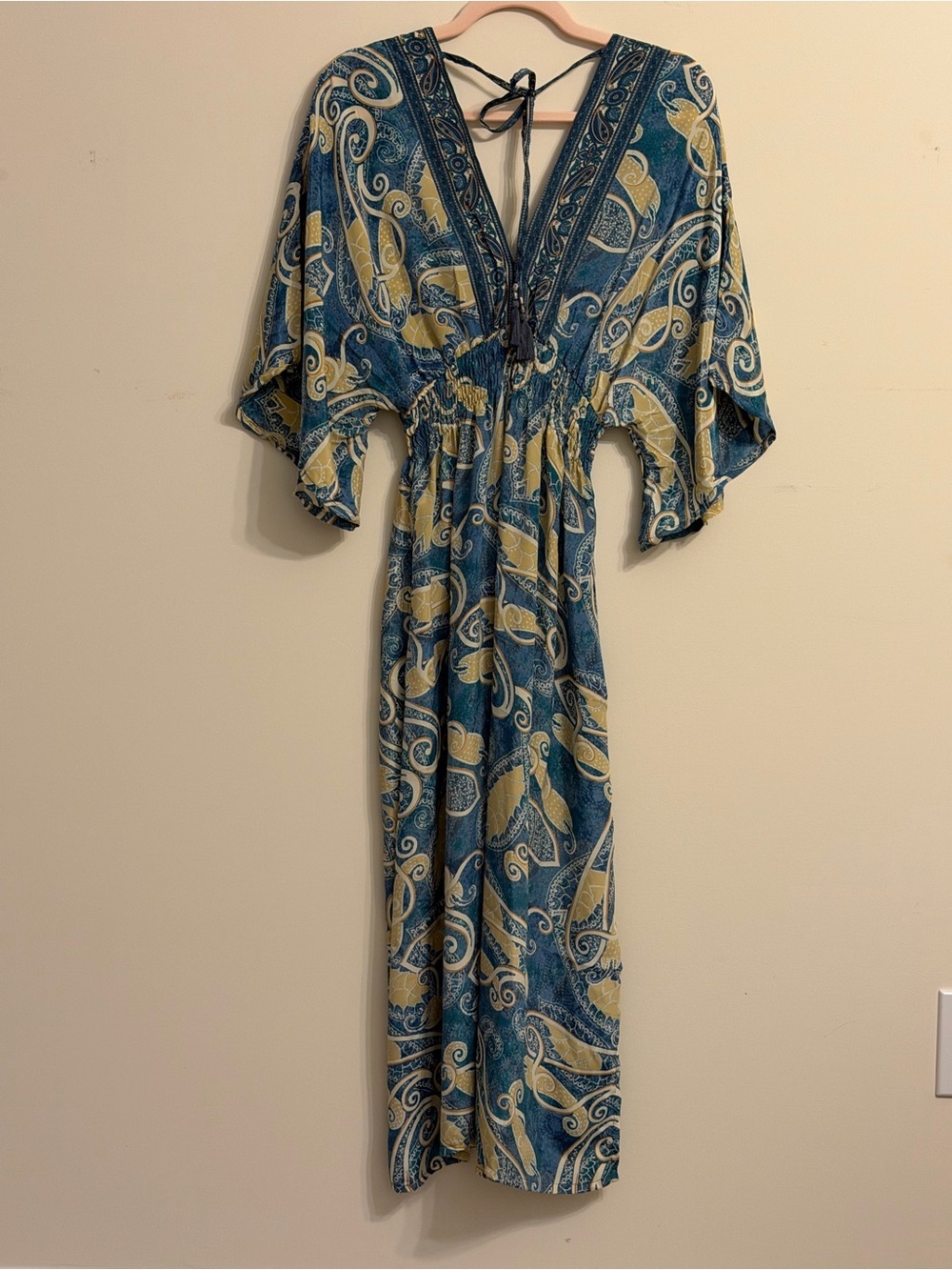Boho Paisley V-Neck Midi Dress in Teal and Mustard - Picture 3 of 3